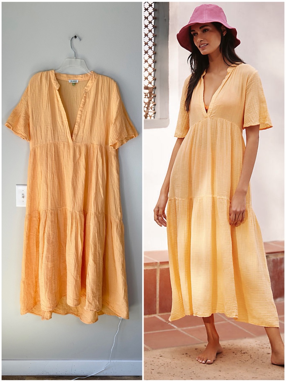 Celandine Light Orange Creamsicle Kallie 100% Cotton Gauze Tiered Midi Dress